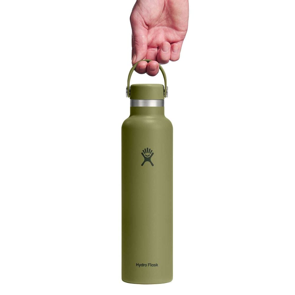 Olive green Hydro Flask wide-mouth water bottle with matte finish, stainless steel band, flexible carry handle with metal rivets, and Hydro Flask logo on front.