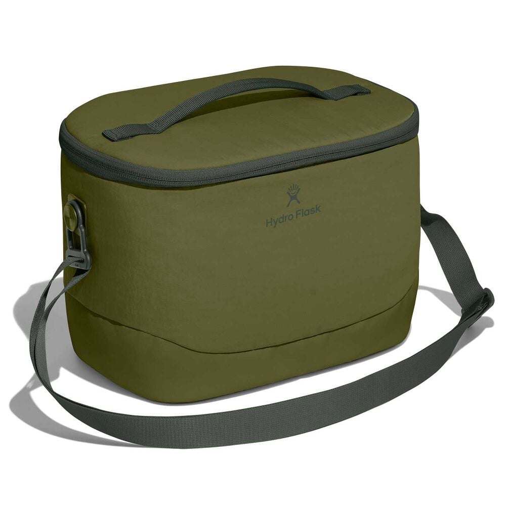 Olive-green Hydro Flask soft-sided cooler with rounded rectangular shape, zippered lid, sturdy top carry handle, and long adjustable shoulder strap with plastic hardware.
